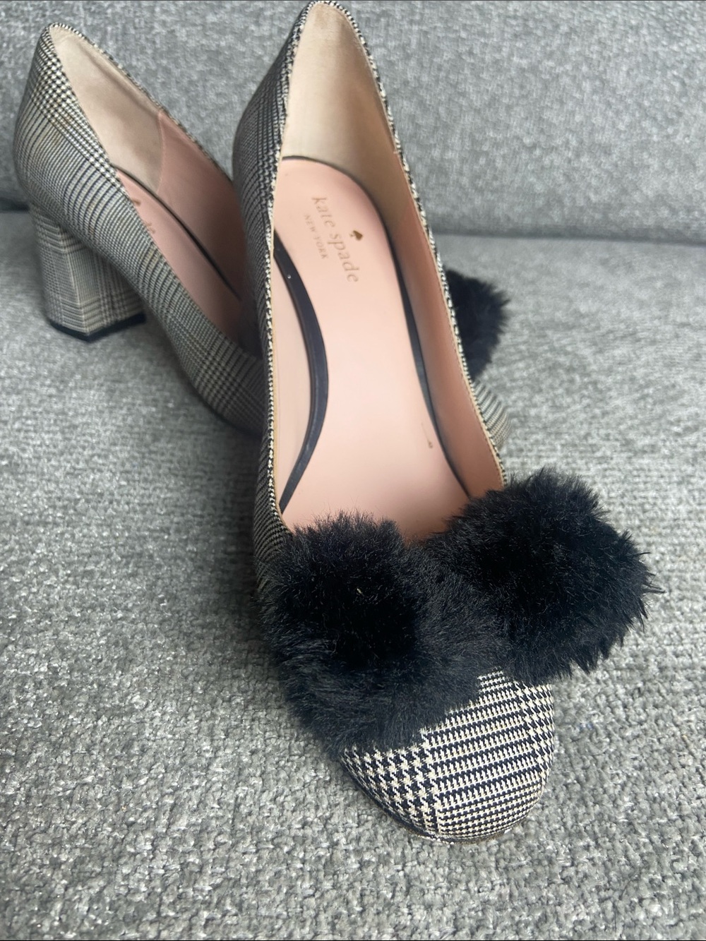 kate spade Black & White Glen Plaid Pom Pom Block Heel Pumps size 8